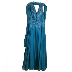 Teal Blue Beaded Gown with Wrap by Mariel
